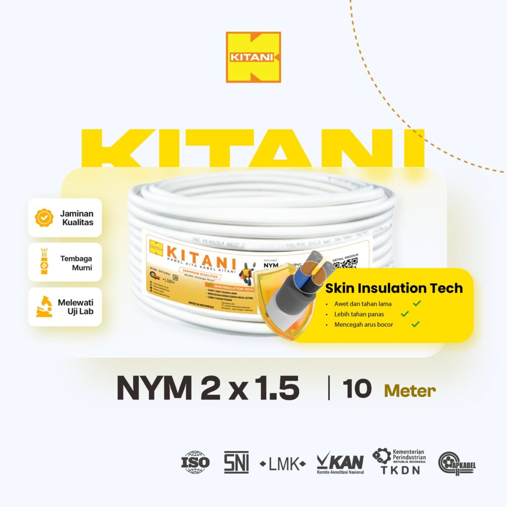 KITANI – NYM 2×1.5 mm² – 10 Meter –  Kabel Listrik Tembaga Kawat