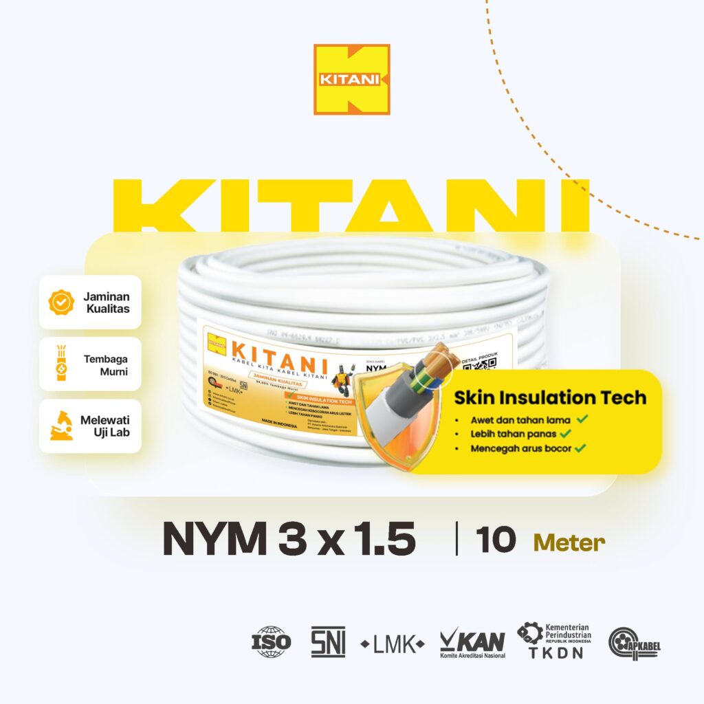 KITANI – NYM 3×1.5 mm² – 10 Meter – Kabel Listrik Tembaga Kawat