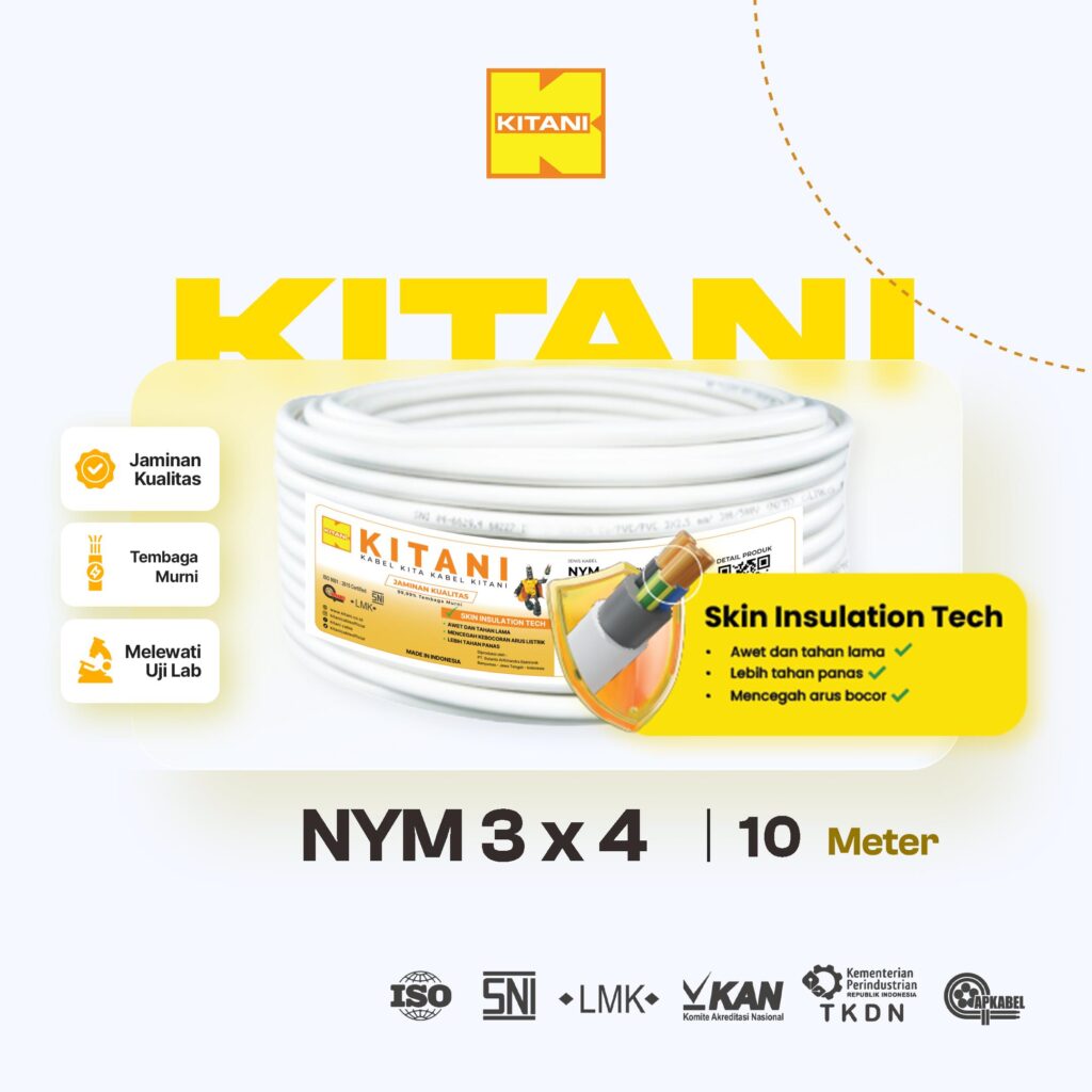 KITANI – NYM 3×4 mm² – 10 Meter –  Kabel Listrik Tembaga Kawat